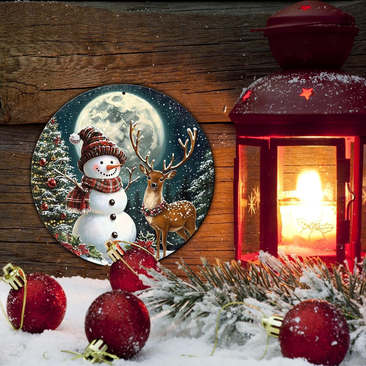 Christmas Snowman Decor Round Metal Tin Sign Christmas Deer Vintage Tin Sign for Home Coffee Wall