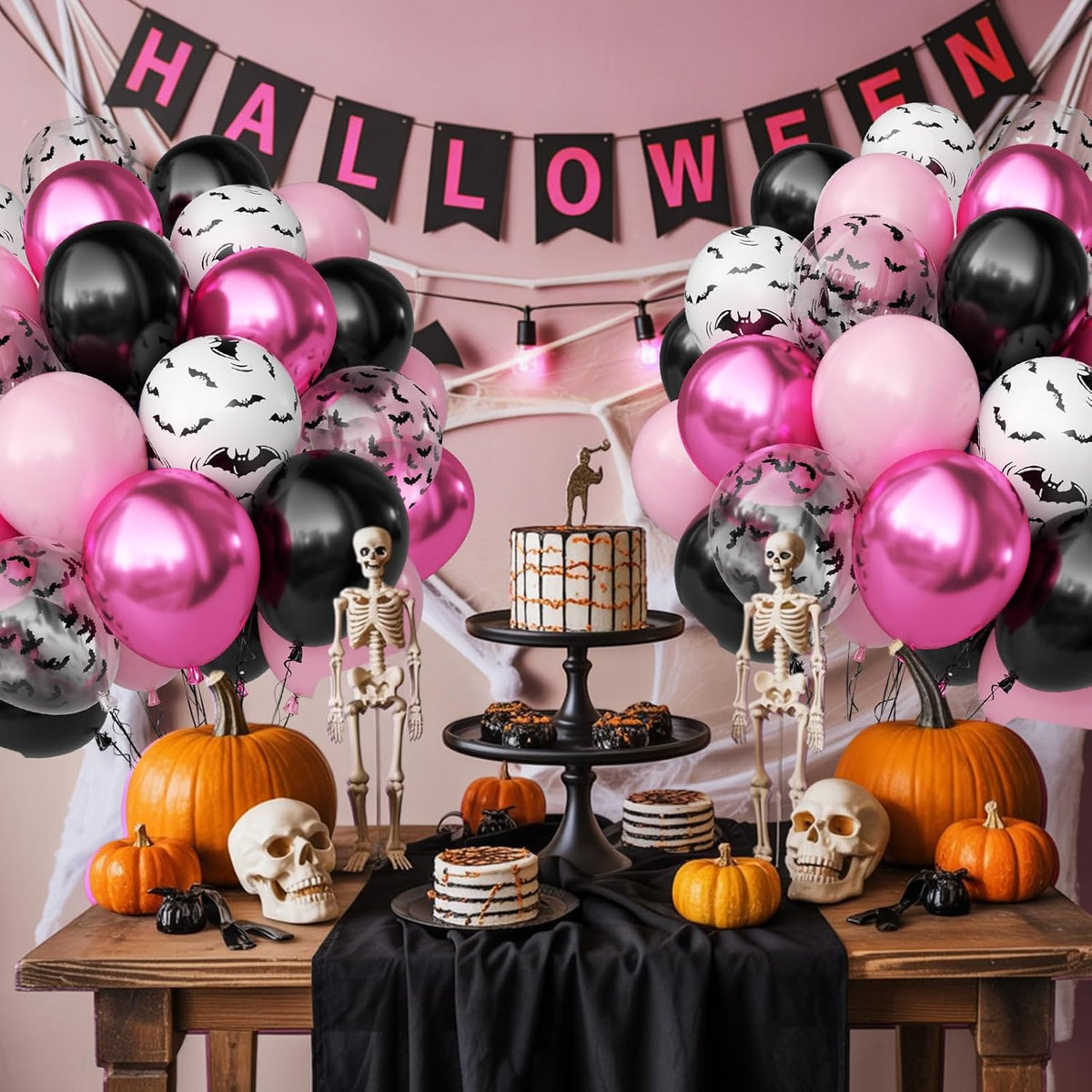 Pink Halloween Balloons Set, 50PCS 12 Inch Bat Confetti Balloon Pastel Metallic Pink and Black