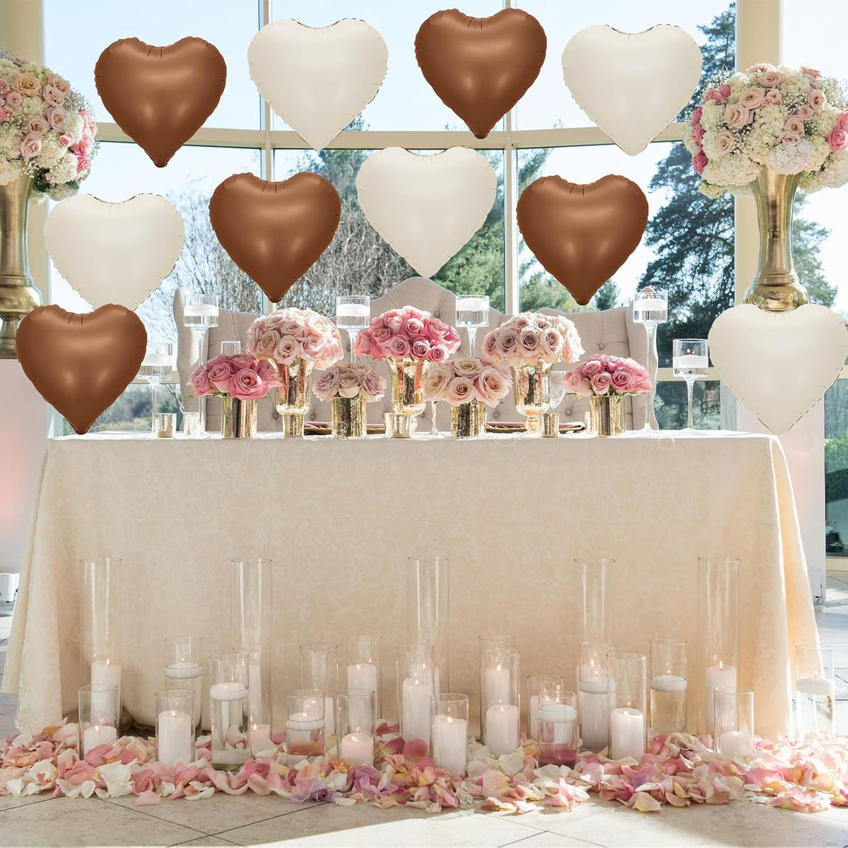 Sand White Brown Heart Balloons,12Pcs 18Inch Cream White Coffee Brown Heart Shaped Foil Helium