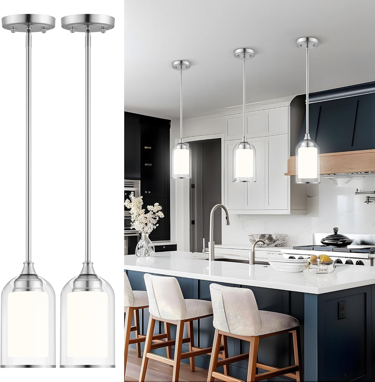 LIROUVET 2 Pack Pendant Light Fixtures, Modern Dual Glass Pendant Lights, Brushed Nickel Hanging