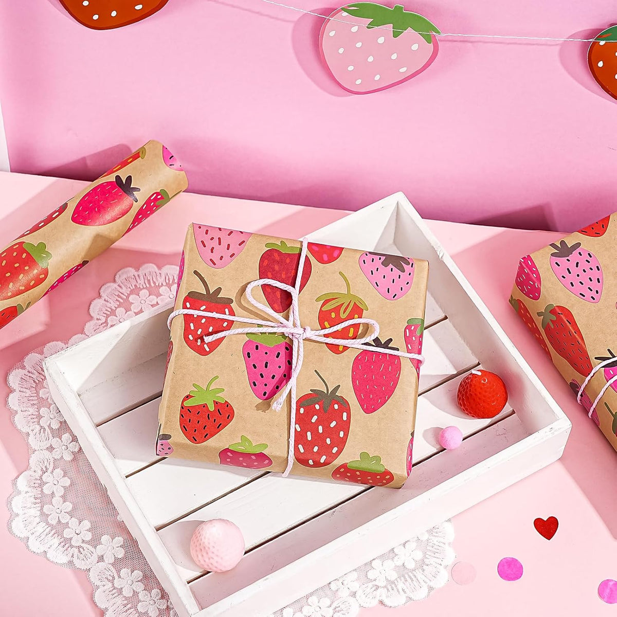 WRAPAHOLIC Kraft Strawberry Wrapping Paper Roll - Mini Roll - 17 Inch x 16.5 Feet - Sweet