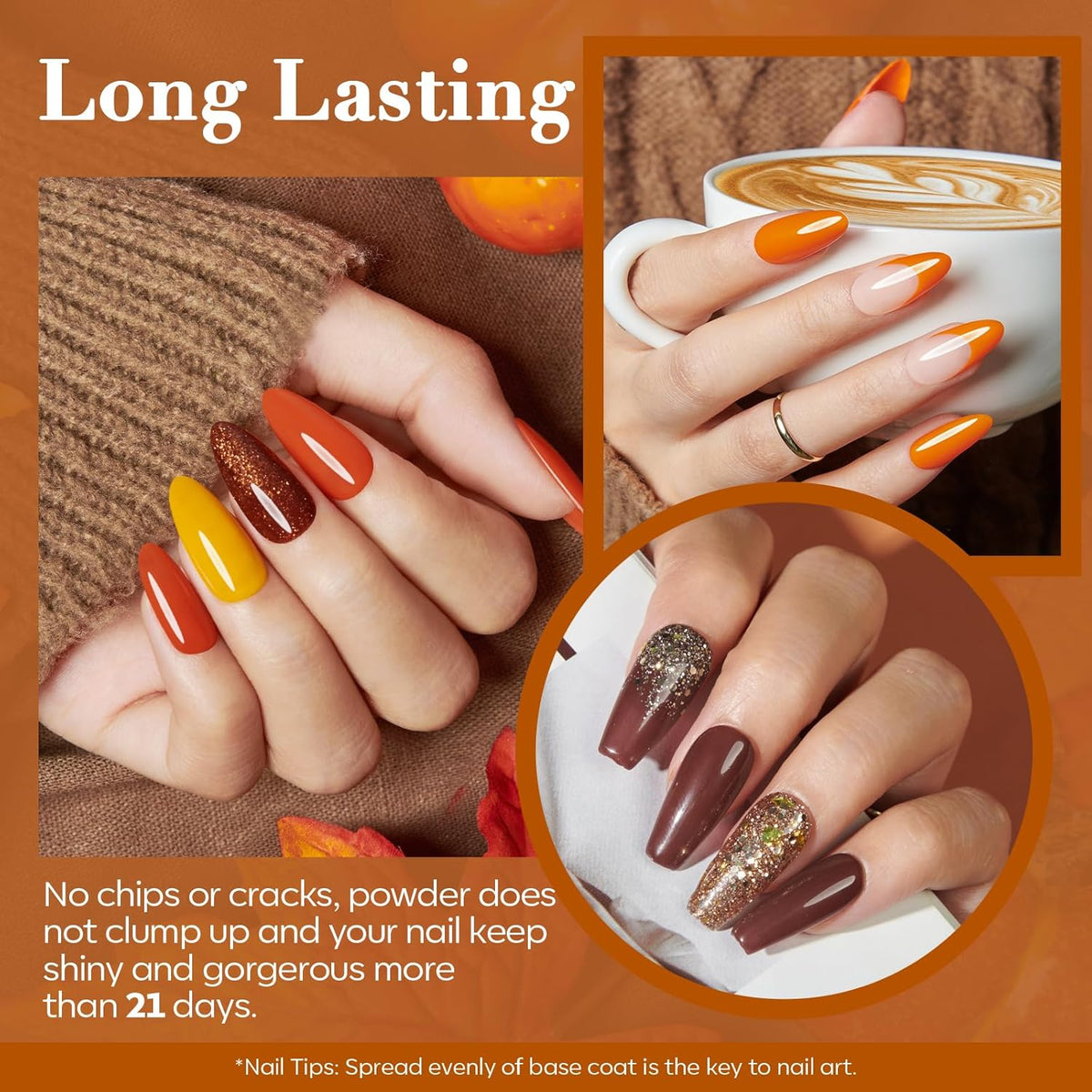 AZUREBEAUTY Dip Powder Nail Kit Starter, Fall Winter Yellow Orange Brown Glitter 12 Pcs 4 Colors