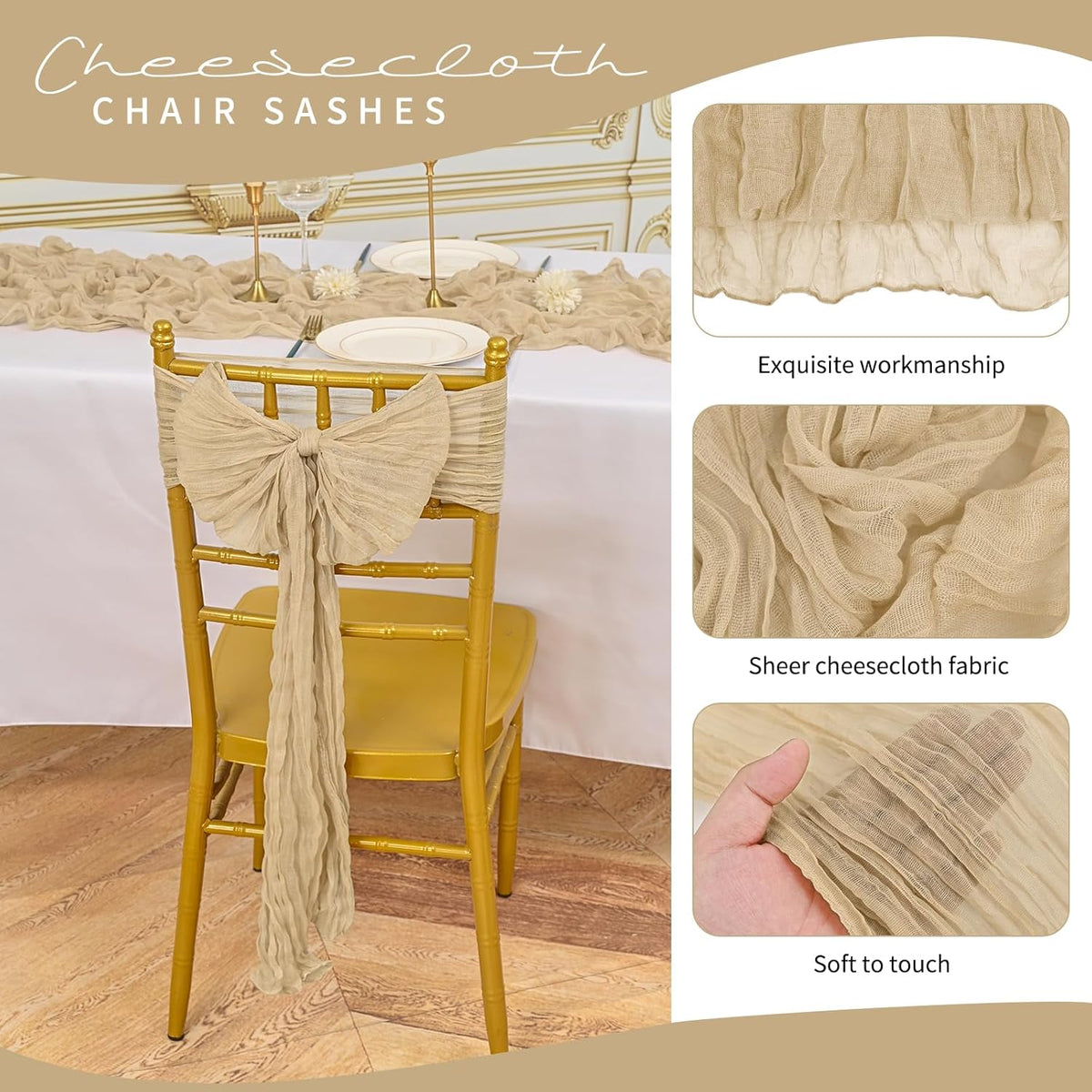 50 PCS Cheesecloth Chair Sashes, Bows Designed ChairSashes, 15.7x108 inch Chair Sashes for Aisle