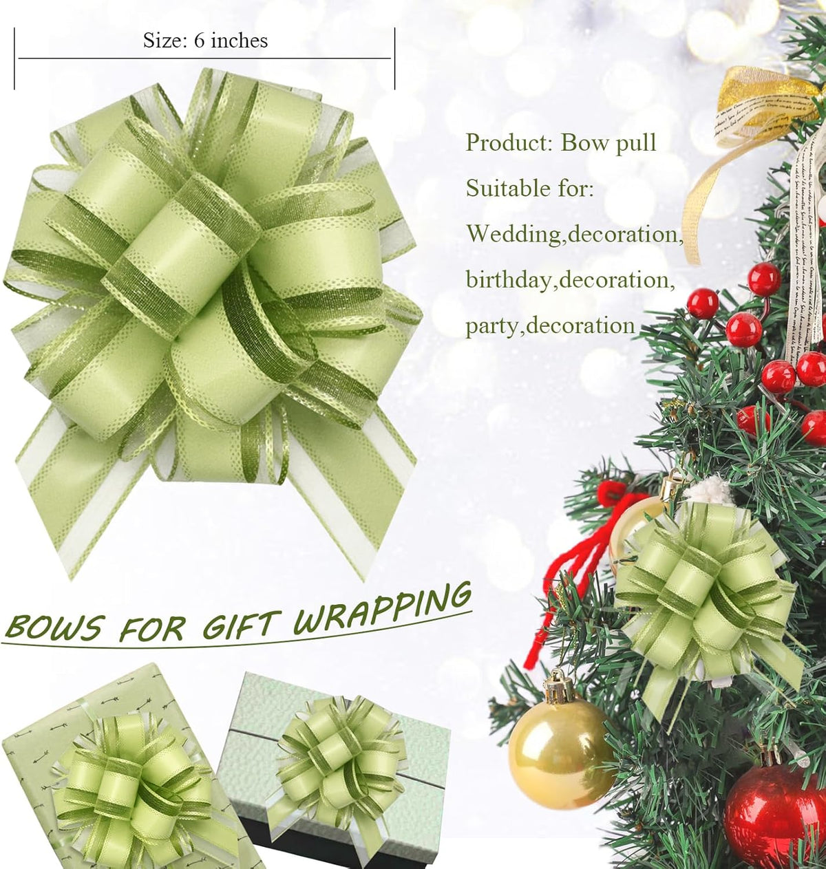 6 Count Large Pull Bows, 6 inches, Organza, Modern, Christmas, Wedding, Valentine's Day, Bean