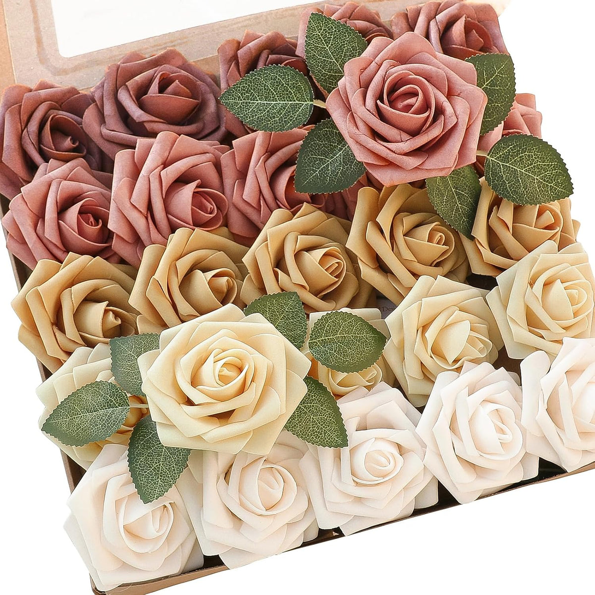 Floroom Artificial Flowers 25pcs Real Looking Burnt Orange Ombre Colors Foam Fake Roses with Stems