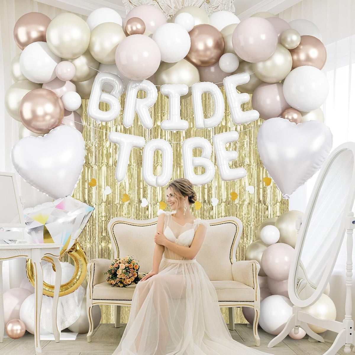 White Gold Bachelorette Party Decorations, Bride To Be Mylar Foil Letter Balloons with White