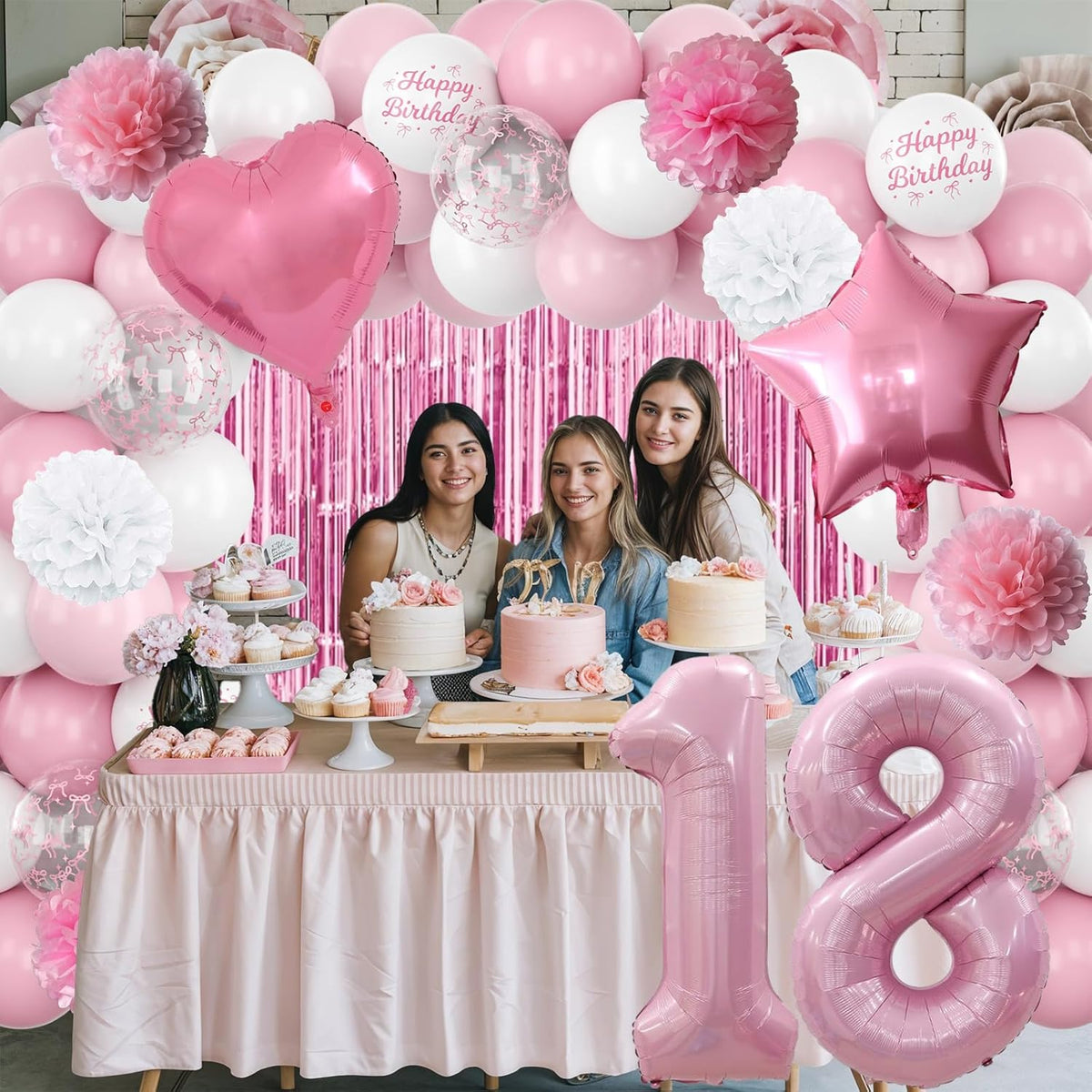 18th Birthday Decorations for Girls Pink Number 18 Balloon Bow Coquette Happy Birthday Banner