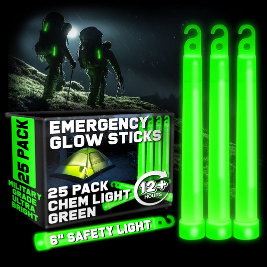 PartySticks Green Glow Sticks Emergency Chem Lights (6", 25 Pack) Military Grade 12 Hour Bulk