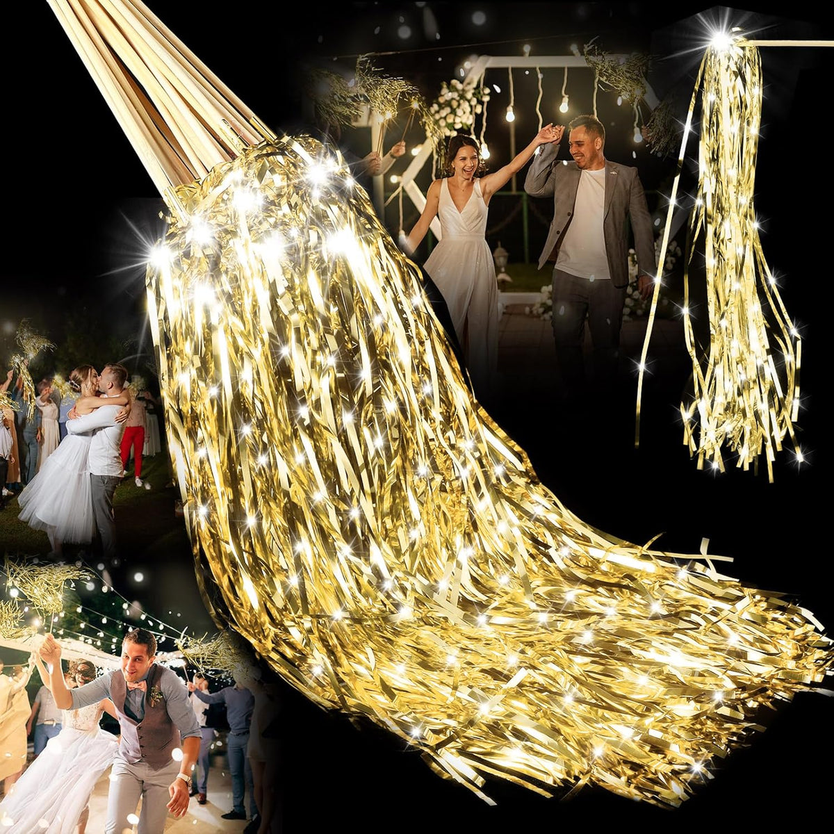 100 Pcs Lighted Wedding Wands LED Tinsel Wands Light up Streamers Sparklers for Wedding Send Off