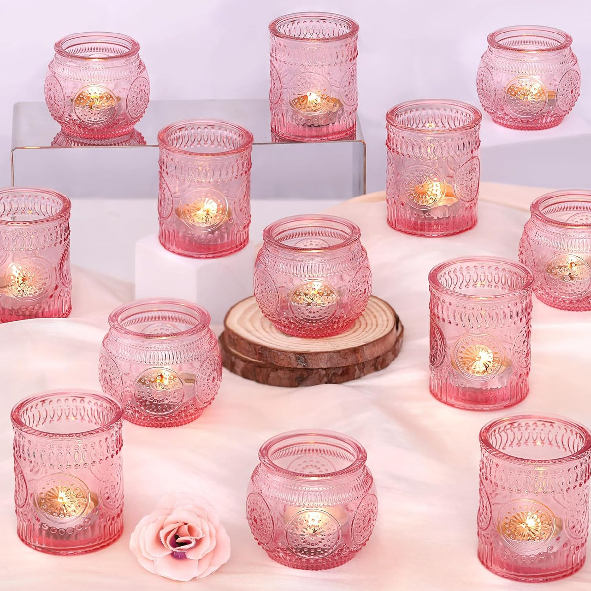 DARJEN 24Pcs Pink Votive Candle Holders- Glass Candle Holders Bulk for Flameless LED Tea Waxes