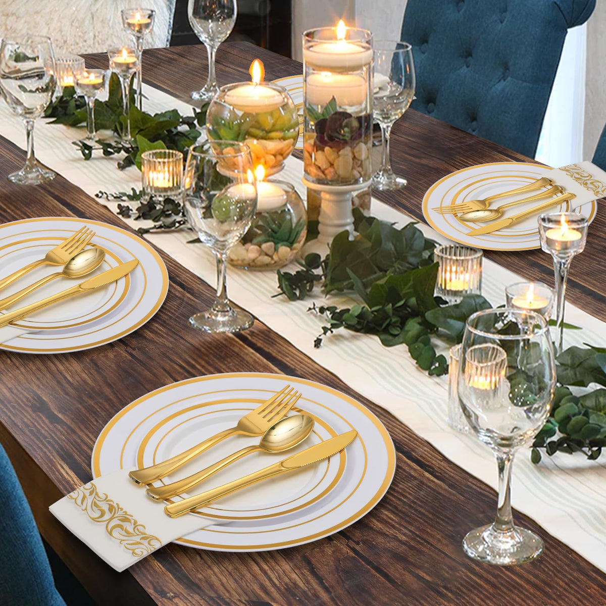 Goodluck 700 Piece Gold Dinnerware Set for 100 Guests, Disposable Plate Set