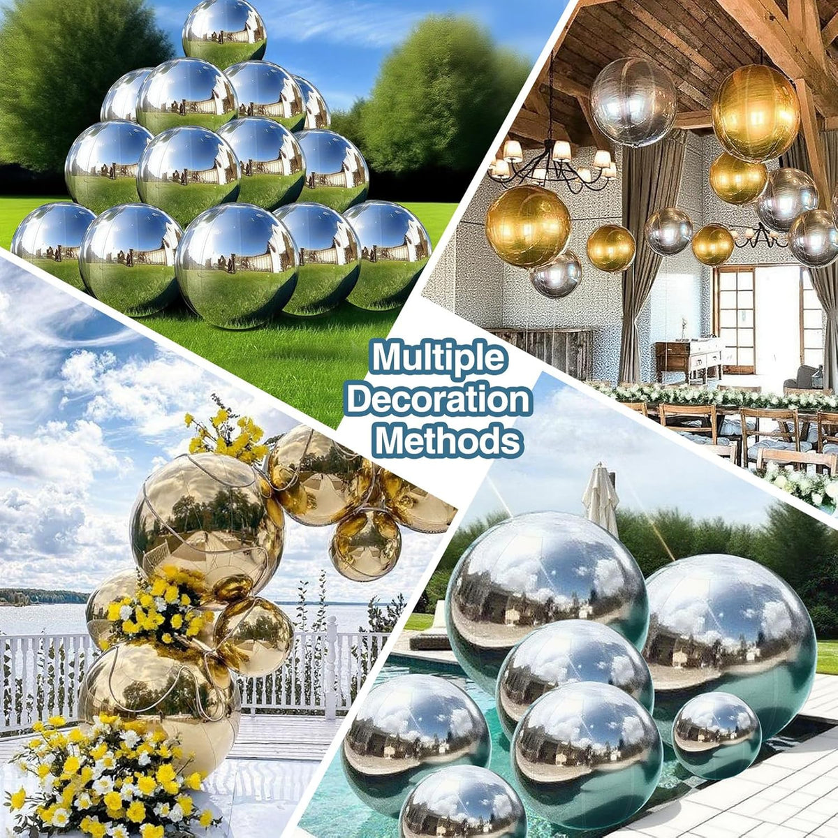 3PCS Glod Inflatable Mirror Ball, Big Shinny Balls Reusable Large PVC Disco Ball Balloon for Large