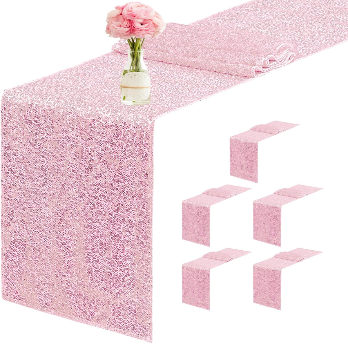 6 Packs 12 x 72 inches Sequin Table Runner, Pink Glitter Table Runner for Birthday Party Supplies