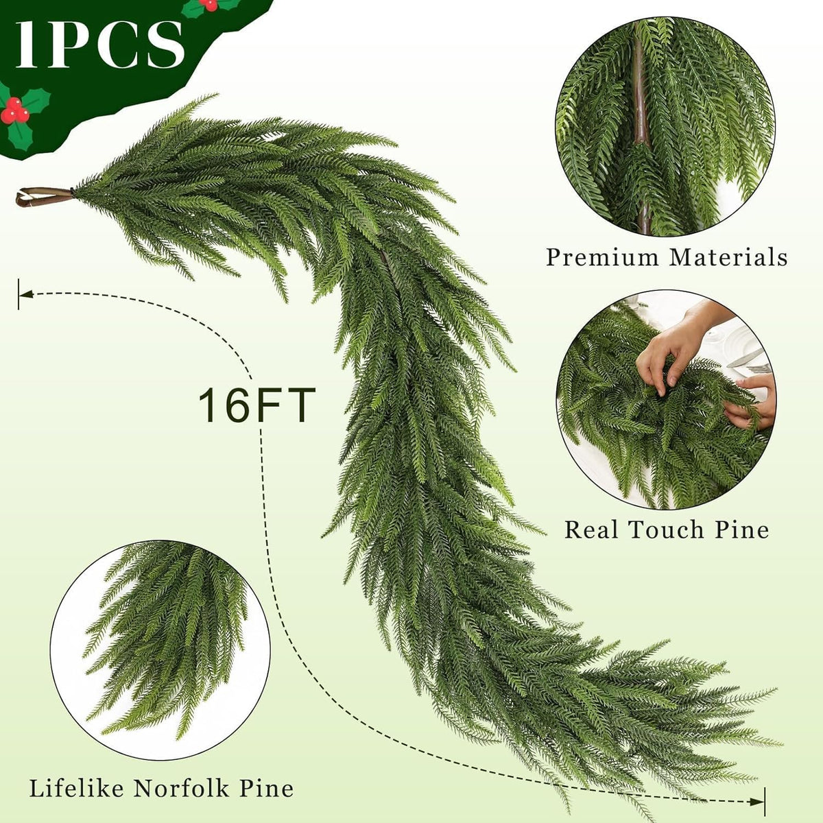 16FT Christmas Norfolk Pine Garland -1PCS, Artificial Pine Needles Garlands Faux Greenery Fake