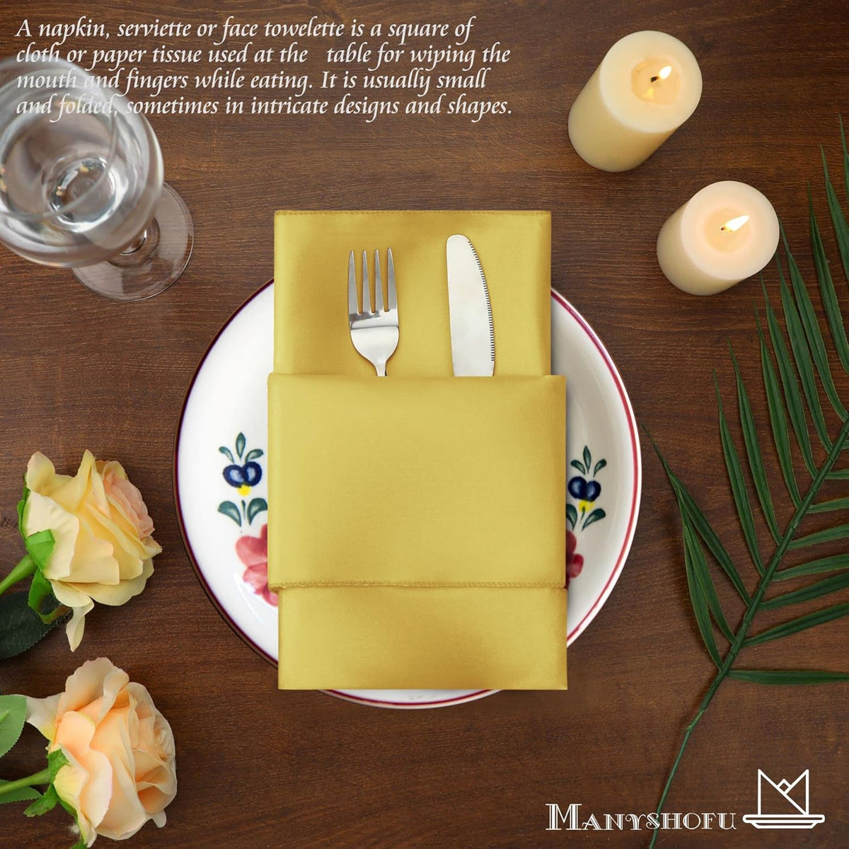 Manyshofu 50 Pieces Yellow Gold Satin Napkins - 12x12 Inches Cloth Napkins, Square Satin Fabric
