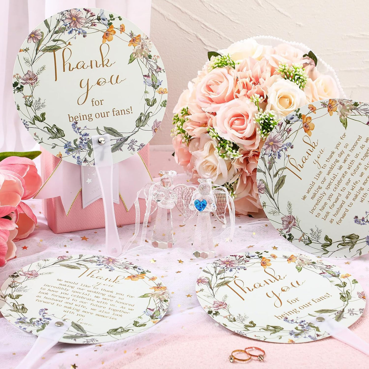 Roowest 100 Pcs Wedding Fans for Guests Bulk Plastic Floral Handheld Wedding Fans with Handle Thank