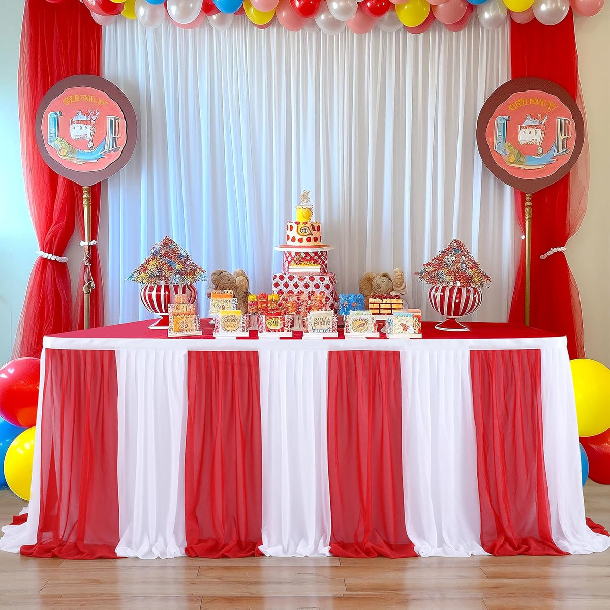 Reb and White Striped Table Skirt for Rectangle Tables or Round Tables for Carnival Circus Party