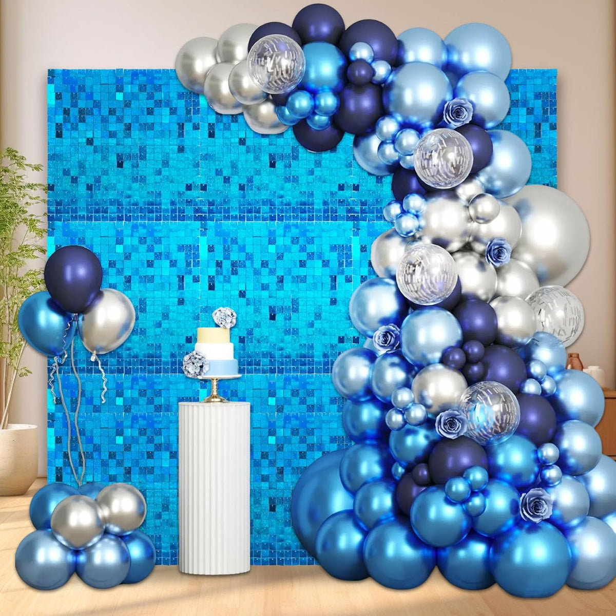 12PCS Lake Blue Shimmer Wall Backdrop, Laser Square Sequin Photo Backdrops Panel, Glitter Wall