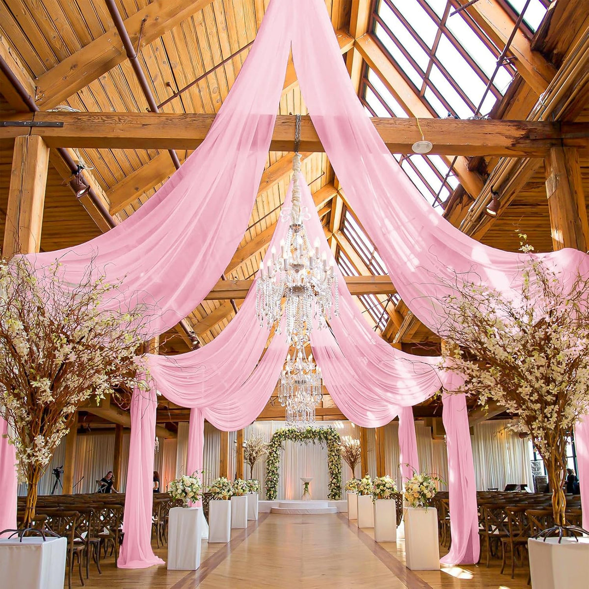 6 Panels Pink Ceiling Drapes for Wedding, 5ftx15ft Ceiling Drapes Cheesecloth Sheer Fabric Curtain
