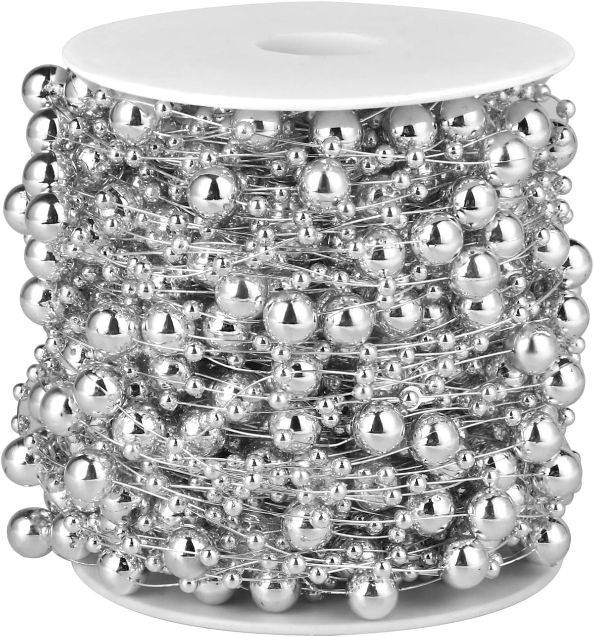 98FT Pearl Beads String Garland, 8mm 3mm Silver Faux Pearl Beads Roll Strand Bulk for Wedding Party