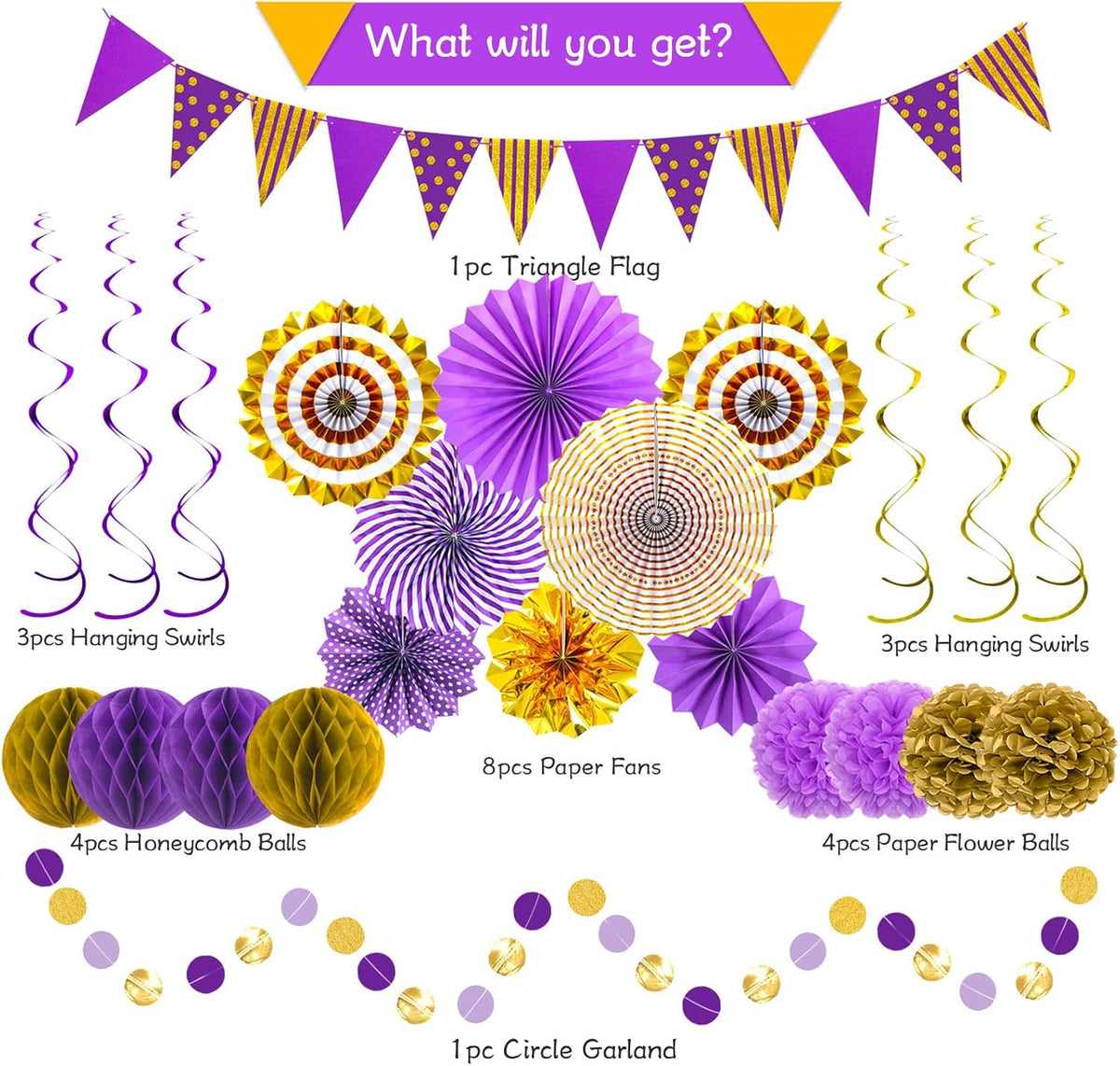 Purple Gold Party Decorations Paper Fans, Graduation Season Hanging Glitter Triangle Flags Banner