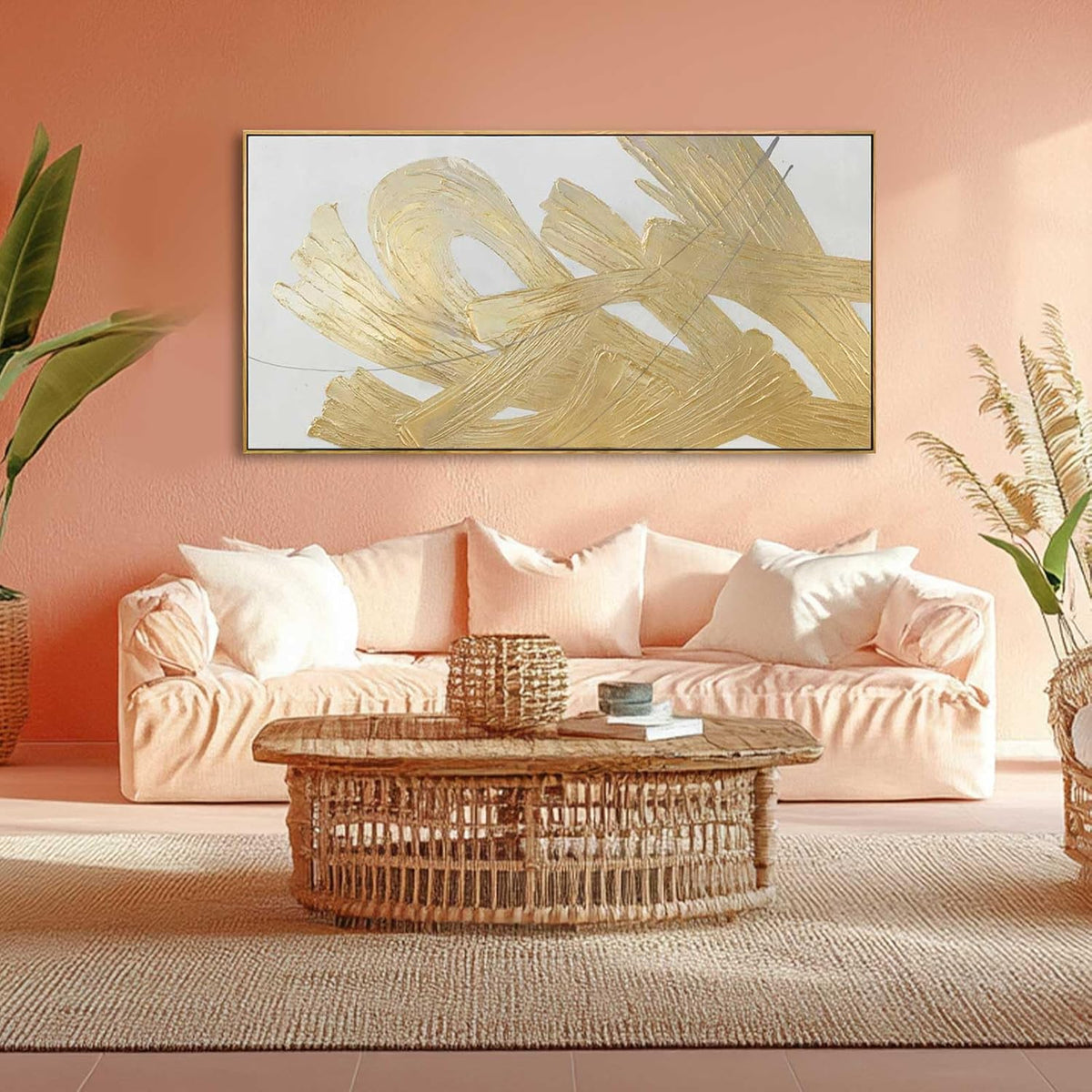 Gold Framed Canvas Art Abstract Wall Decor White Picture Decor 24"x48" Canvas Wall Art for Bedroom
