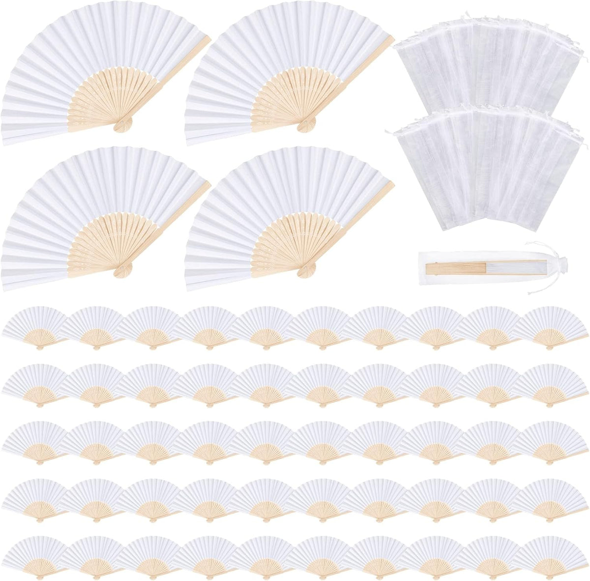 MCEAST 60 Pieces Wedding Handheld Paper Fans White Bamboo Folding Paper Fans with 60 Organza Bags
