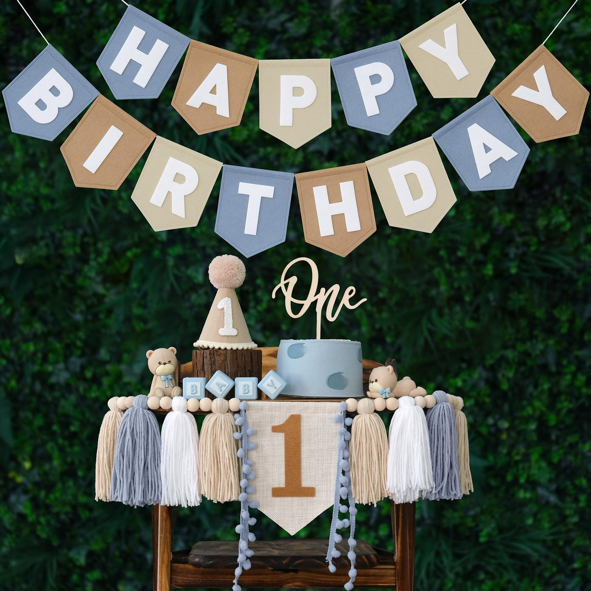 DCJHFJ First Birthday Decorations for Boy Felt Khaki Blue Happy Birthday High Chair Banner