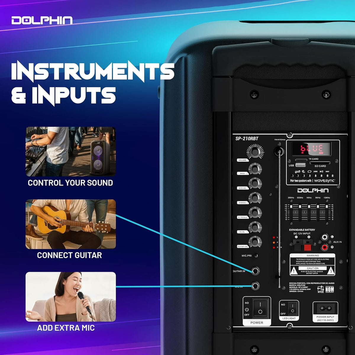 Dolphin 1000W Karaoke Party Speaker with 2 Wireless Microphones, Bluetooth, LED Lights, Tailgate