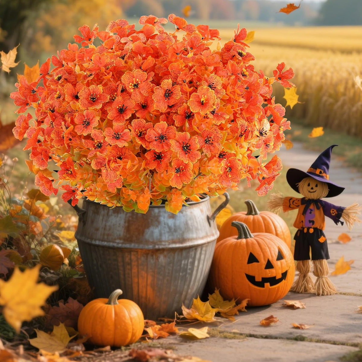 AmyHomie 16 Bundles Orange Artificial Fall Flowers for Outdoors Fall Decor UV Resistant Fake Mums