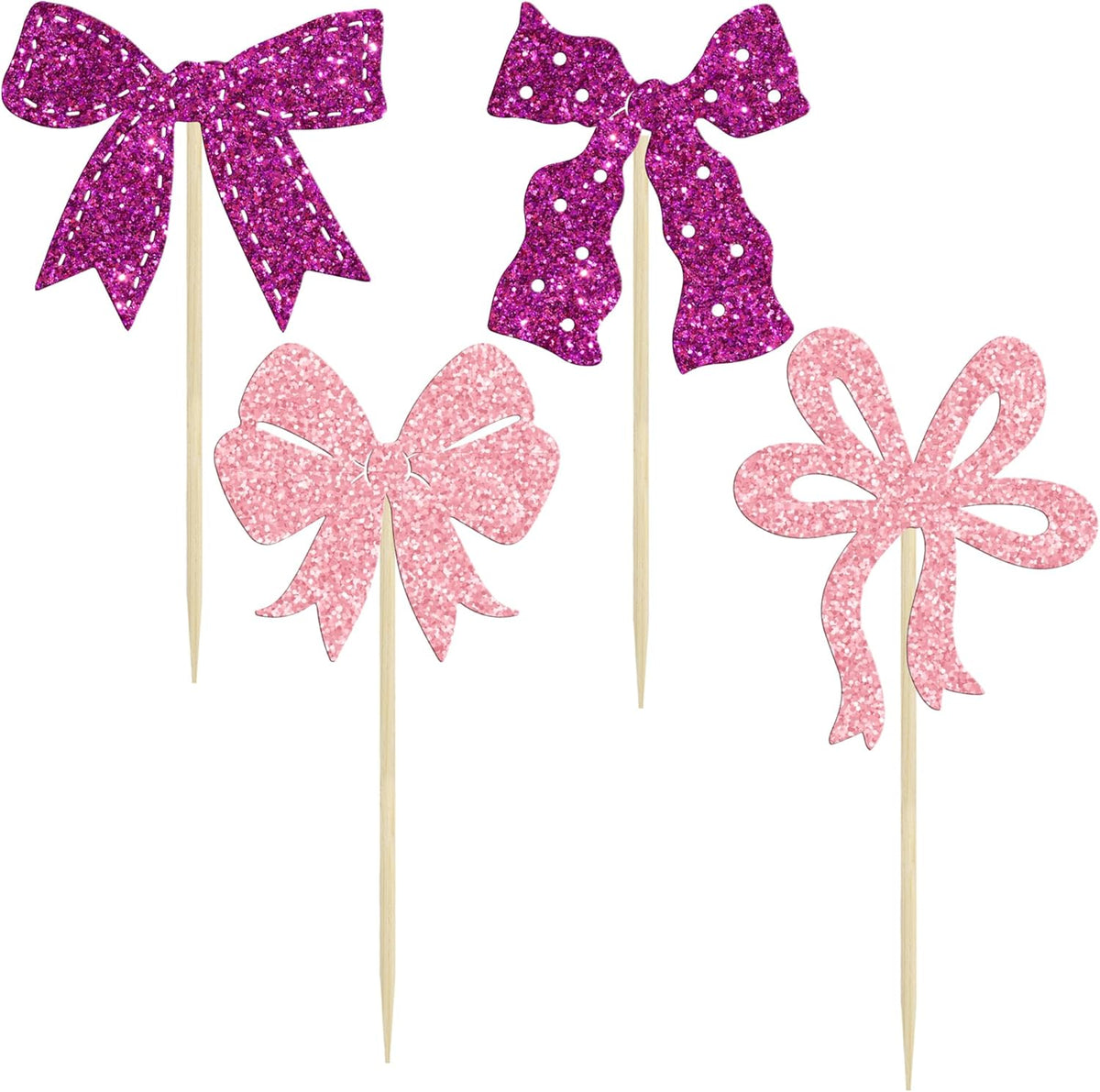 Ephlyn 24Pcs Pink Bow Cupcake Toppers Bow Birthday Cake Topper Girls Birthday Party Decorations