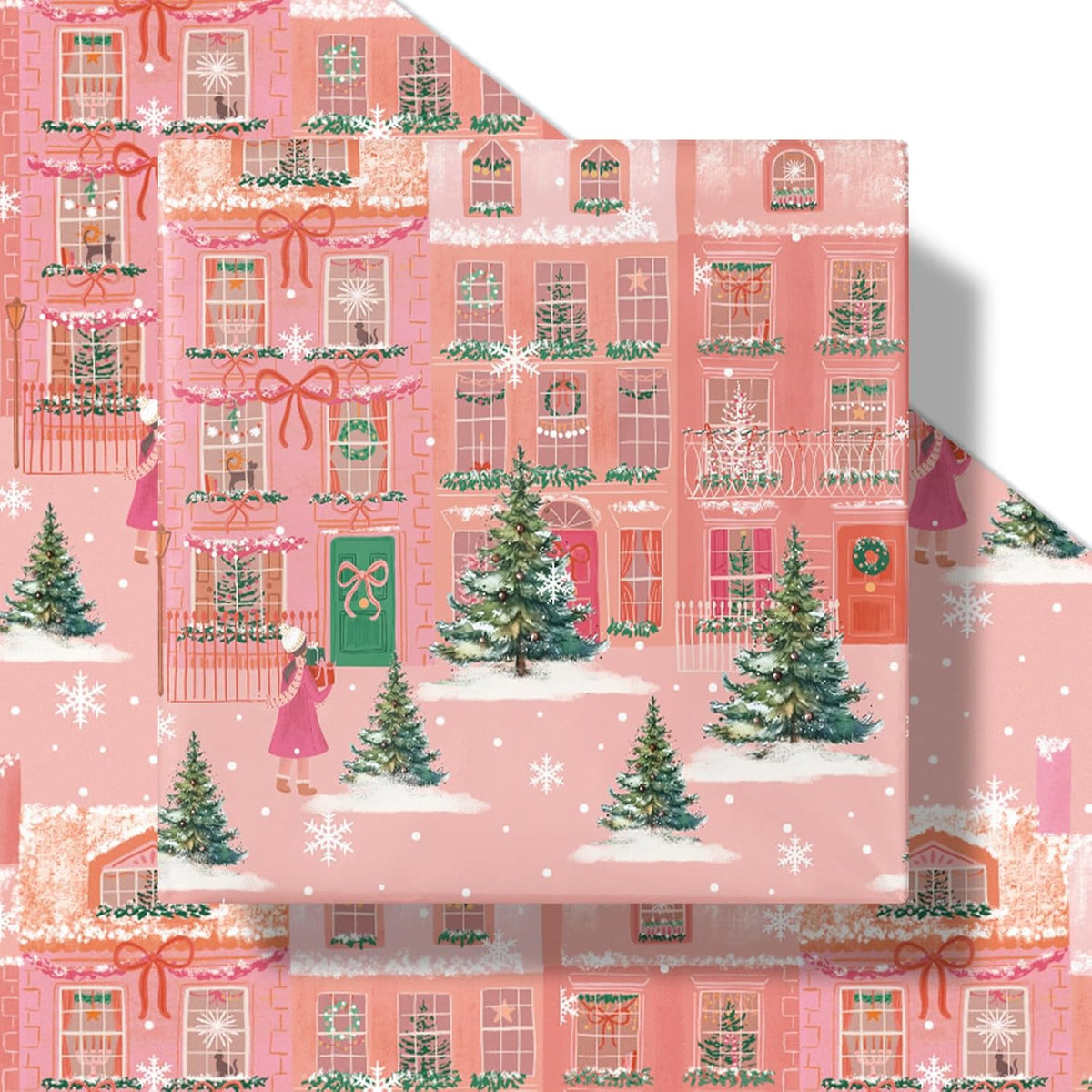 LeZakaa Pink Christmas Wrapping Paper Roll for Girls Kids, Winter Street Scene Romantic Townhouse