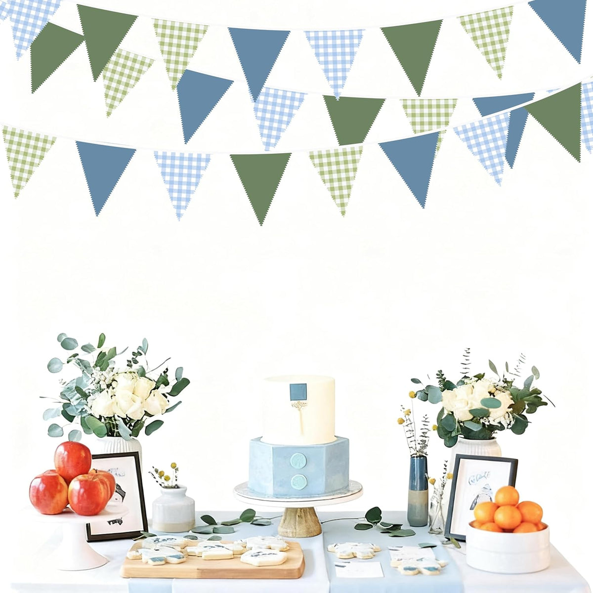 32Ft Blue Green Party Decorations Dusty Blue Sage Green Gingham Fabric Triangle Banner Flag Plaid