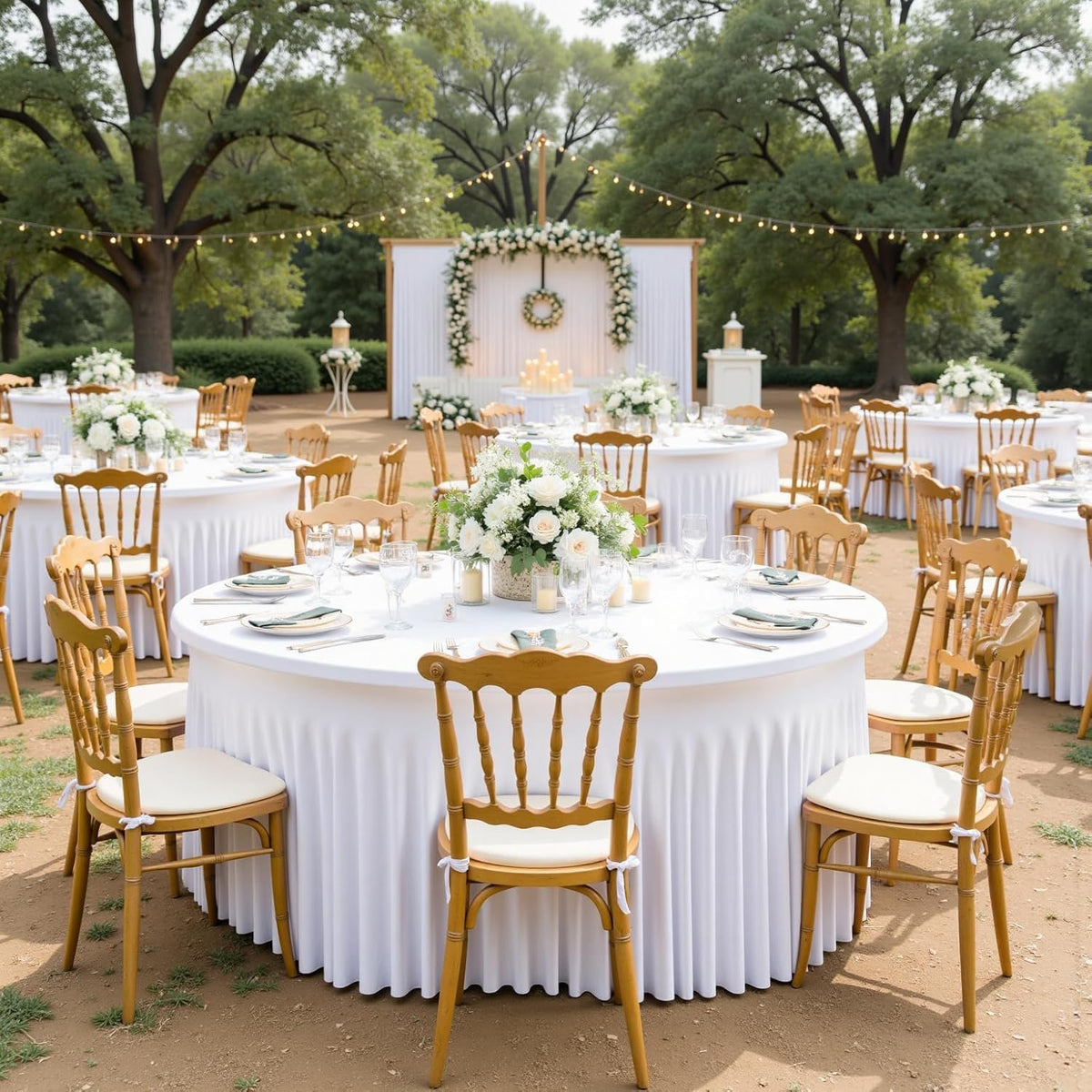 2 pk White Round Spandex Tablecloth for 60in Tables, Wrinkle Free Stretchy 120inch Fitted 5FT Table