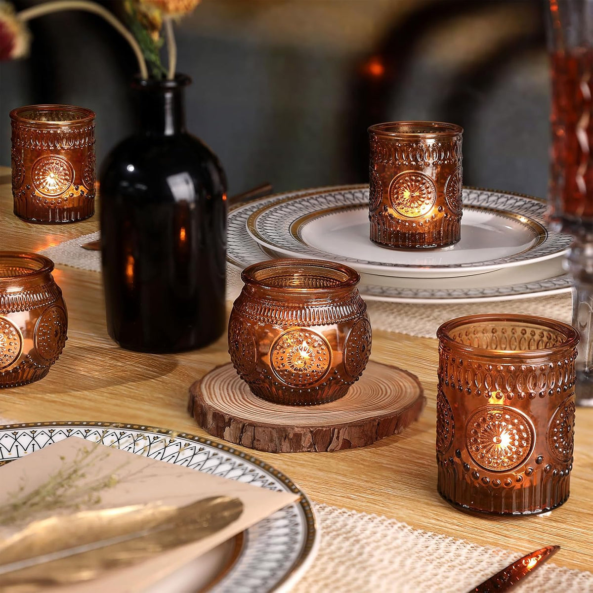 DARJEN 24Pcs Amber Votive Candle Holders - Vintage Glass Candle Holder, Candle Holders Bulk for