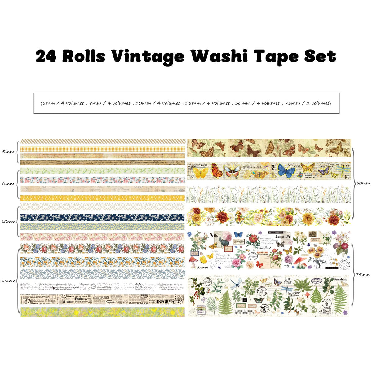 24 Rolls Vintage Washi Tape Set, Floral Letter Butterfly Mushroom Botanical Flower Writable