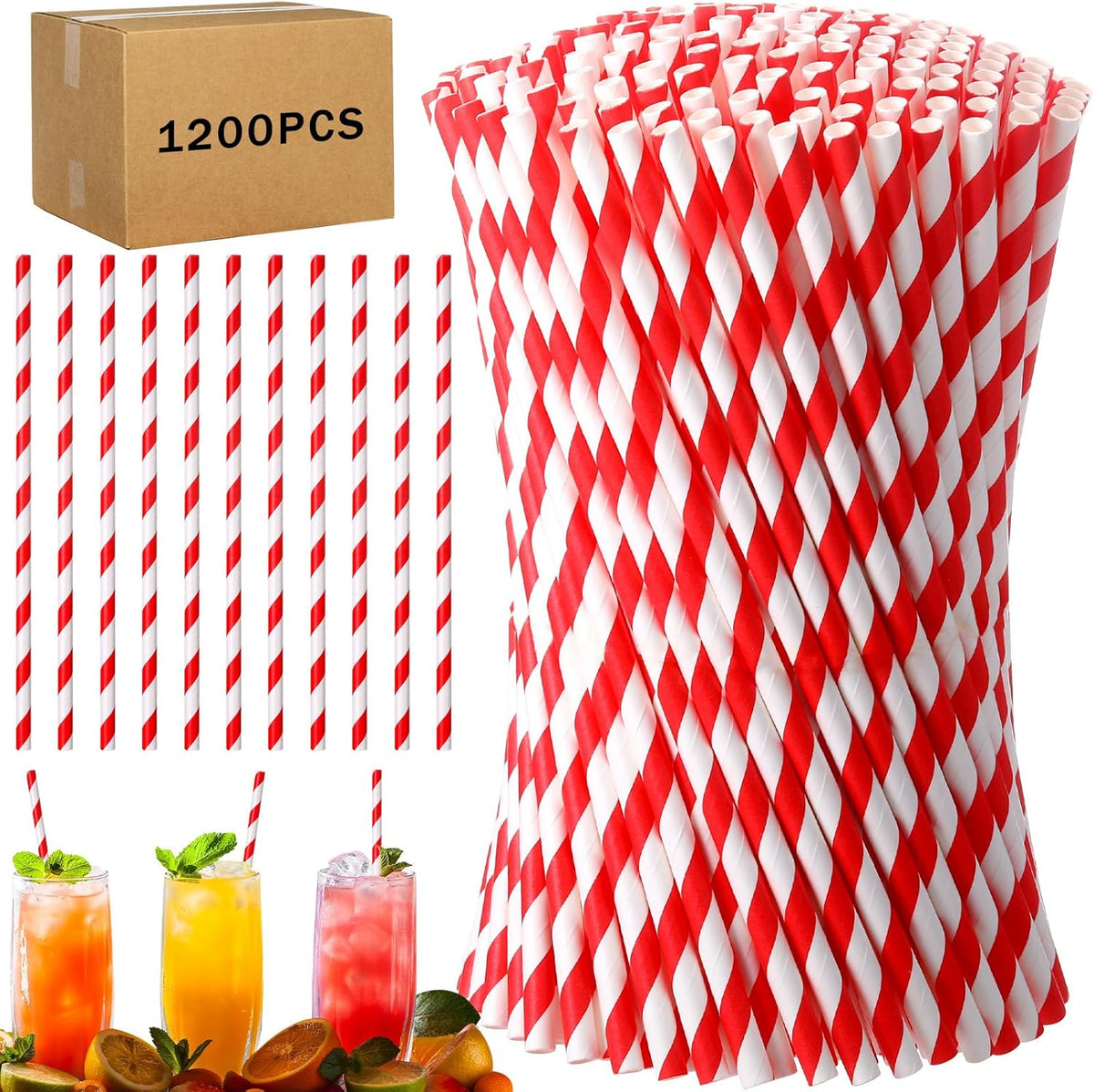 Eaasty 1200 Pcs Colored Paper Straws Bulk Disposable Striped Drinking Paper Straws for Summer
