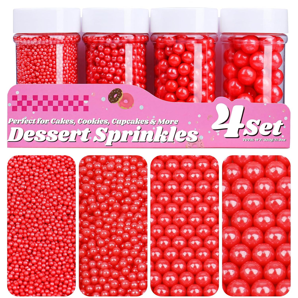 Red Pearl Sprinkles for Cake Decorating, 11.3 Oz Edible Pearls Sugar 4 Sizes Gift Box Set for