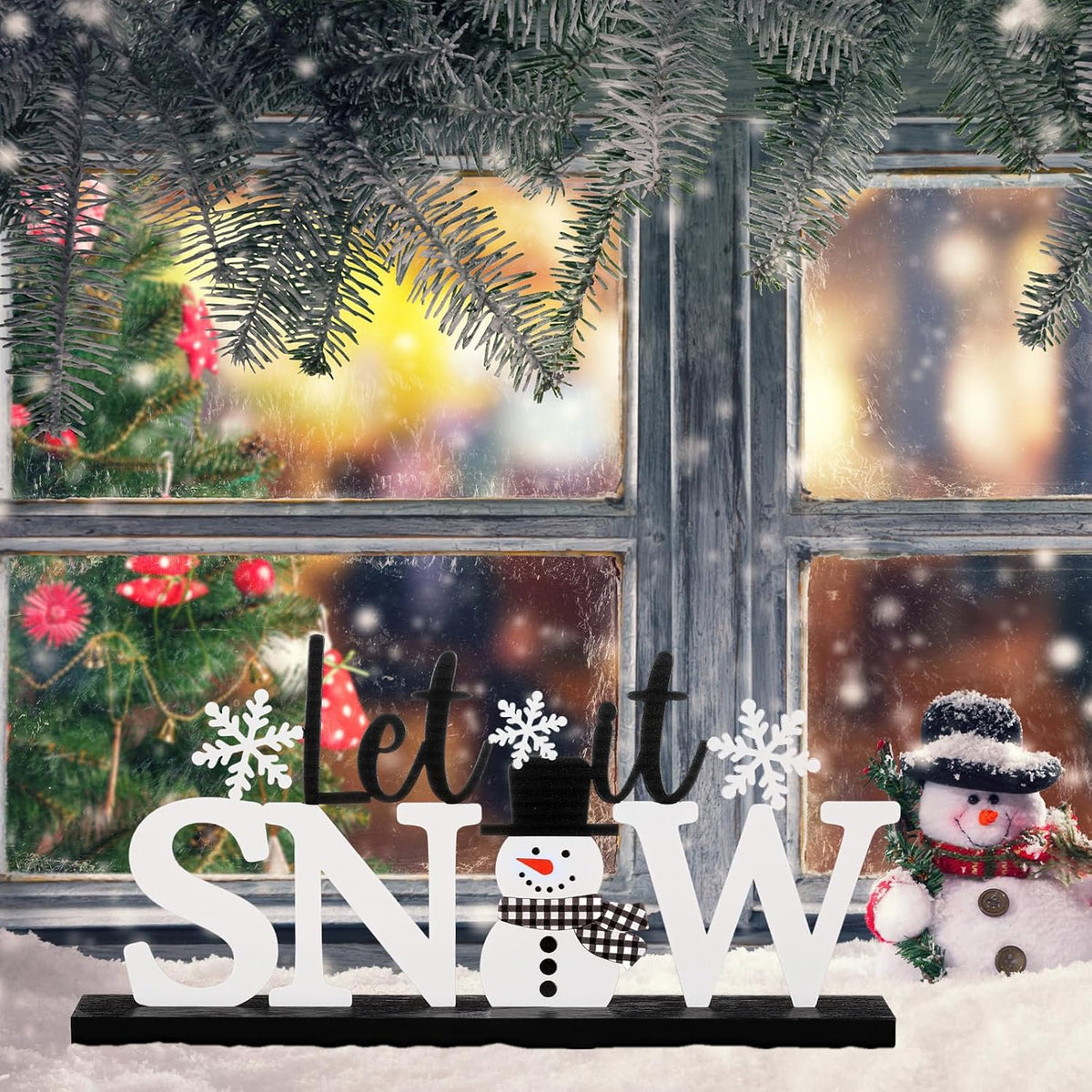Winter Metal Sign Let It Snow Table Decor Christmas Tiered Tray Decor with Wooden Base Metal Black