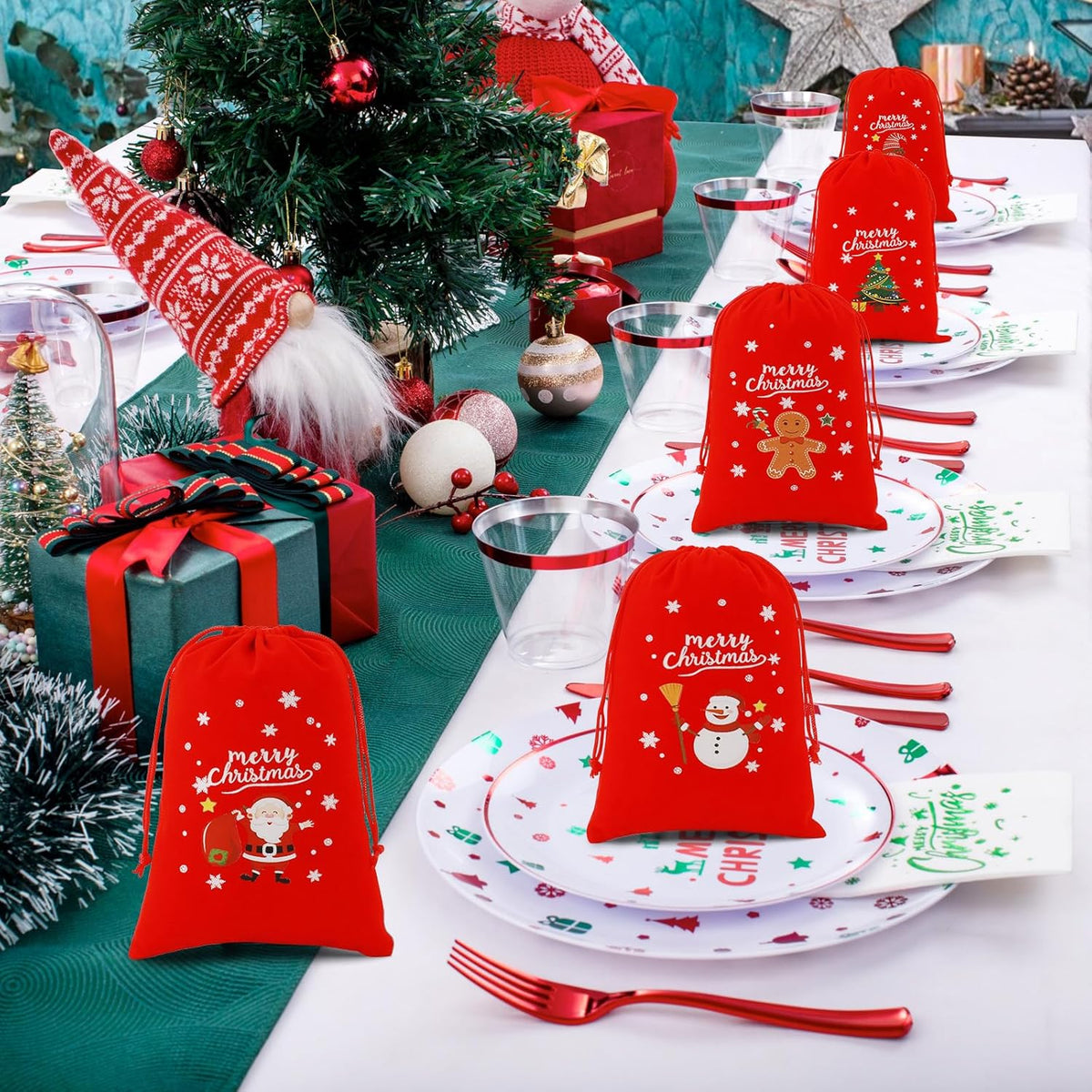Tapleap Velvet Coth Christmas Bags with Drawstring, 50Pcs 5x7 for Wrapping Christmas Party Favors