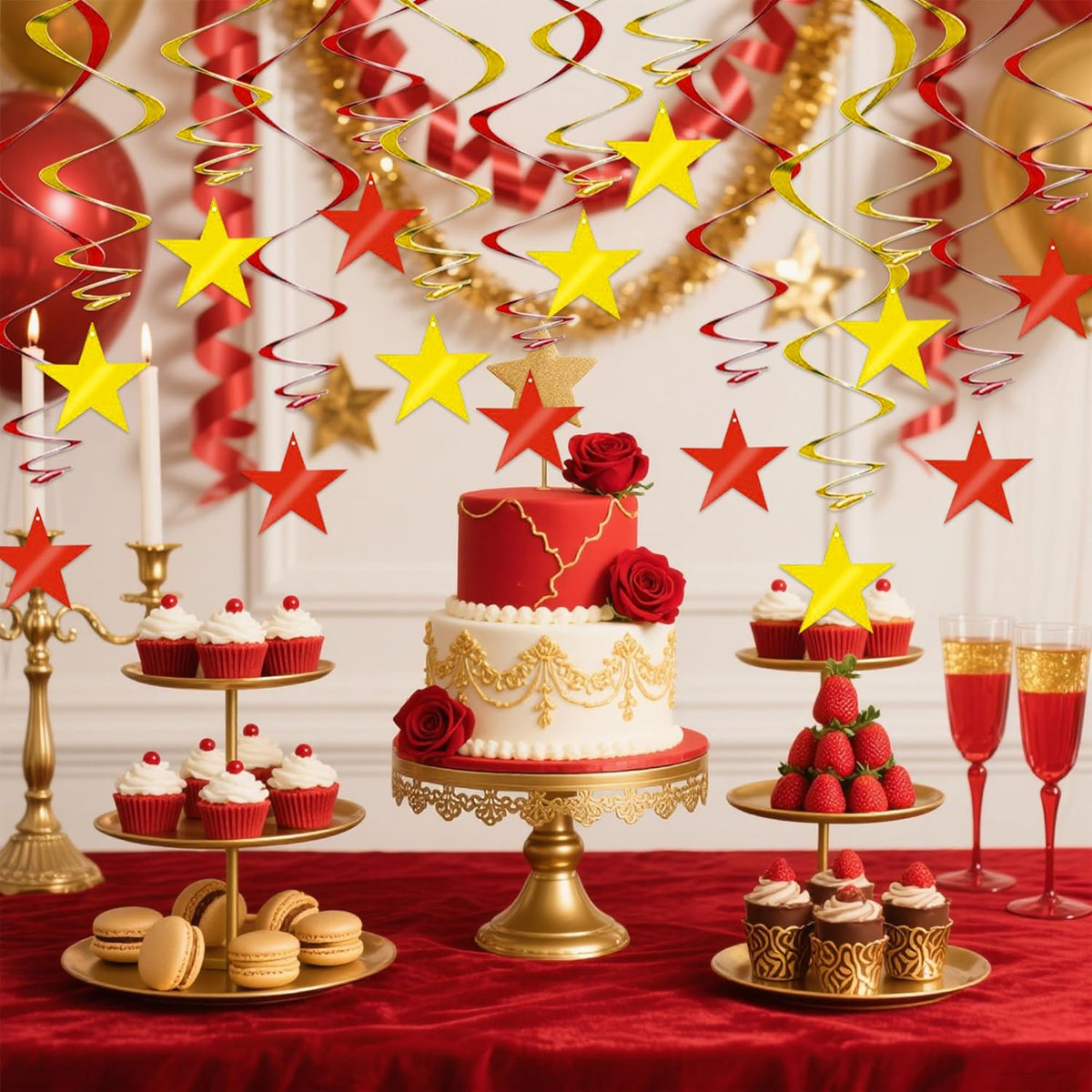 BEISHIDA Red Gold Star Hanging Swirl Decorations, Christmas Party Supplies for Birthday Graduation