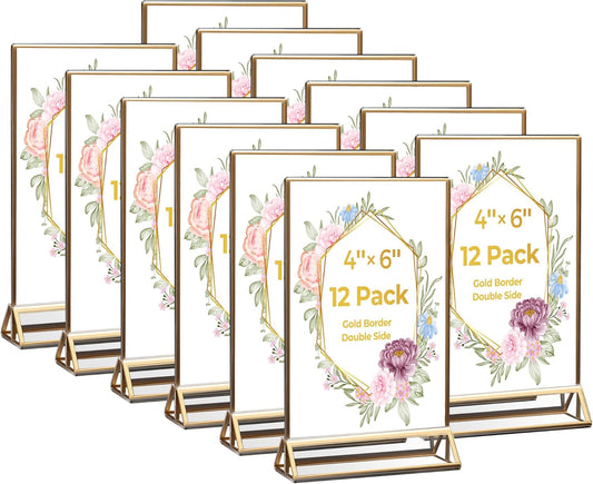 12 Pack Acrylic Sign Holder 4x6 Gold Frames, Wedding Table Number Holders Double Sided Vertical