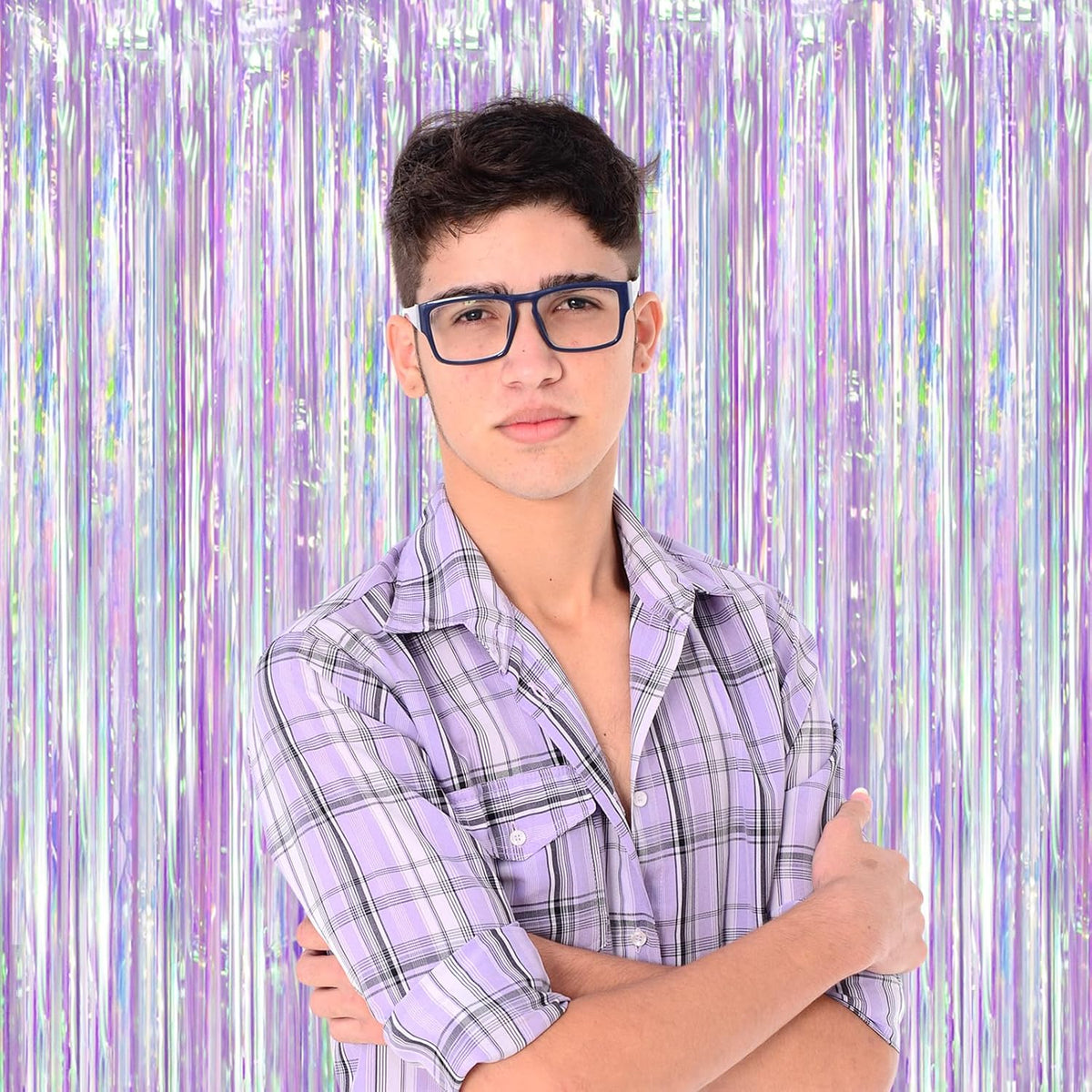 2 Pack Iridescent Purple Foil Fringe Curtains, Glittering Tinsel Streamers Party