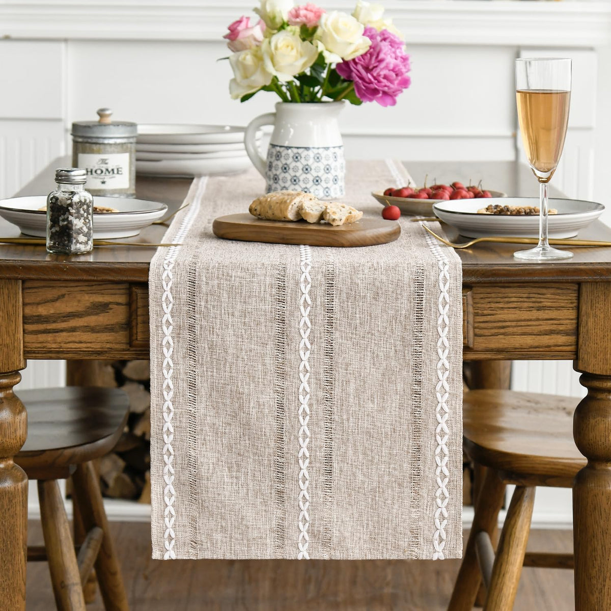 Artoid Mode Brown Rustic Cotton Linen Table Runner, Seasonal Embroidered Hollow Kitchen Dining