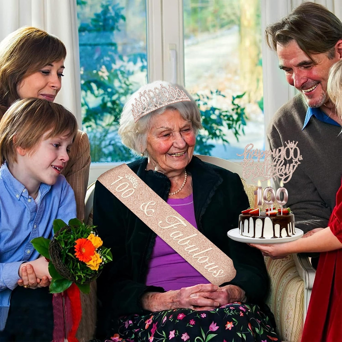 100th Birthday Decorations Women, Including Birthday Crown/Tiara, Sash, Cake Topper and Candles