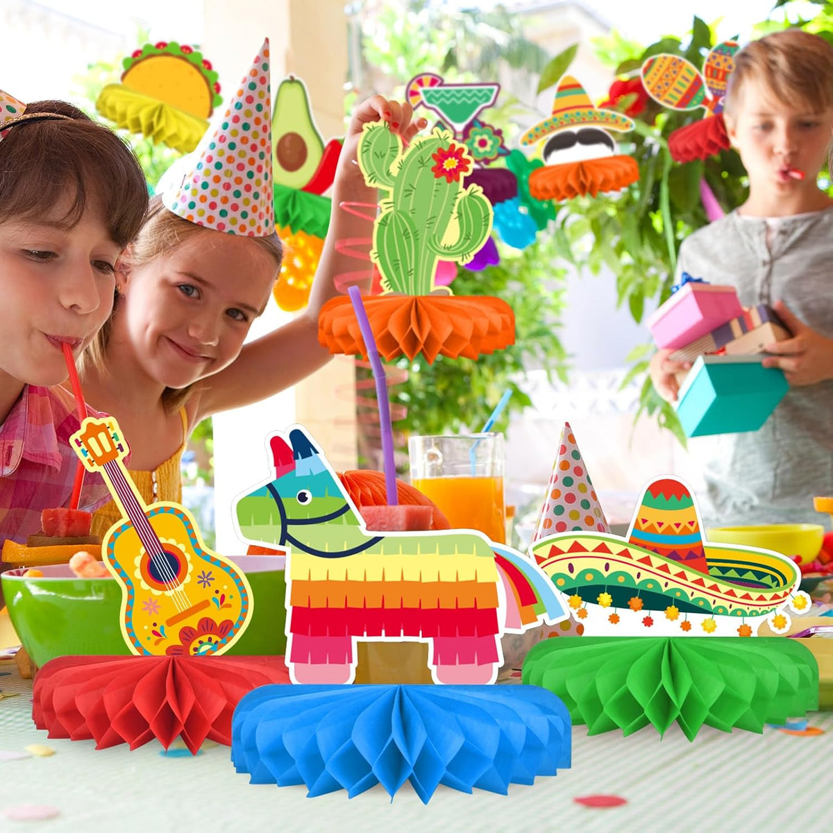 Fiesta Party Decorations - Authentic Mexican Themed Honeycomb Centerpiece for Cinco De Mayo, Taco