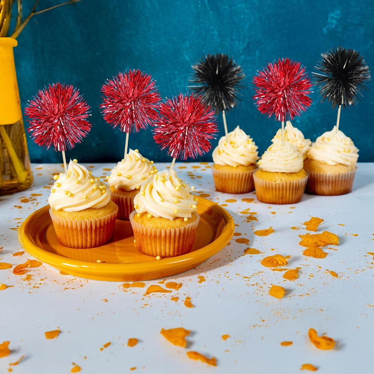 Gyufise 30Pcs Foil Firework Cupcake Toppers Sparkle Tinsel Cake Toppers Tinsel Drink Cake