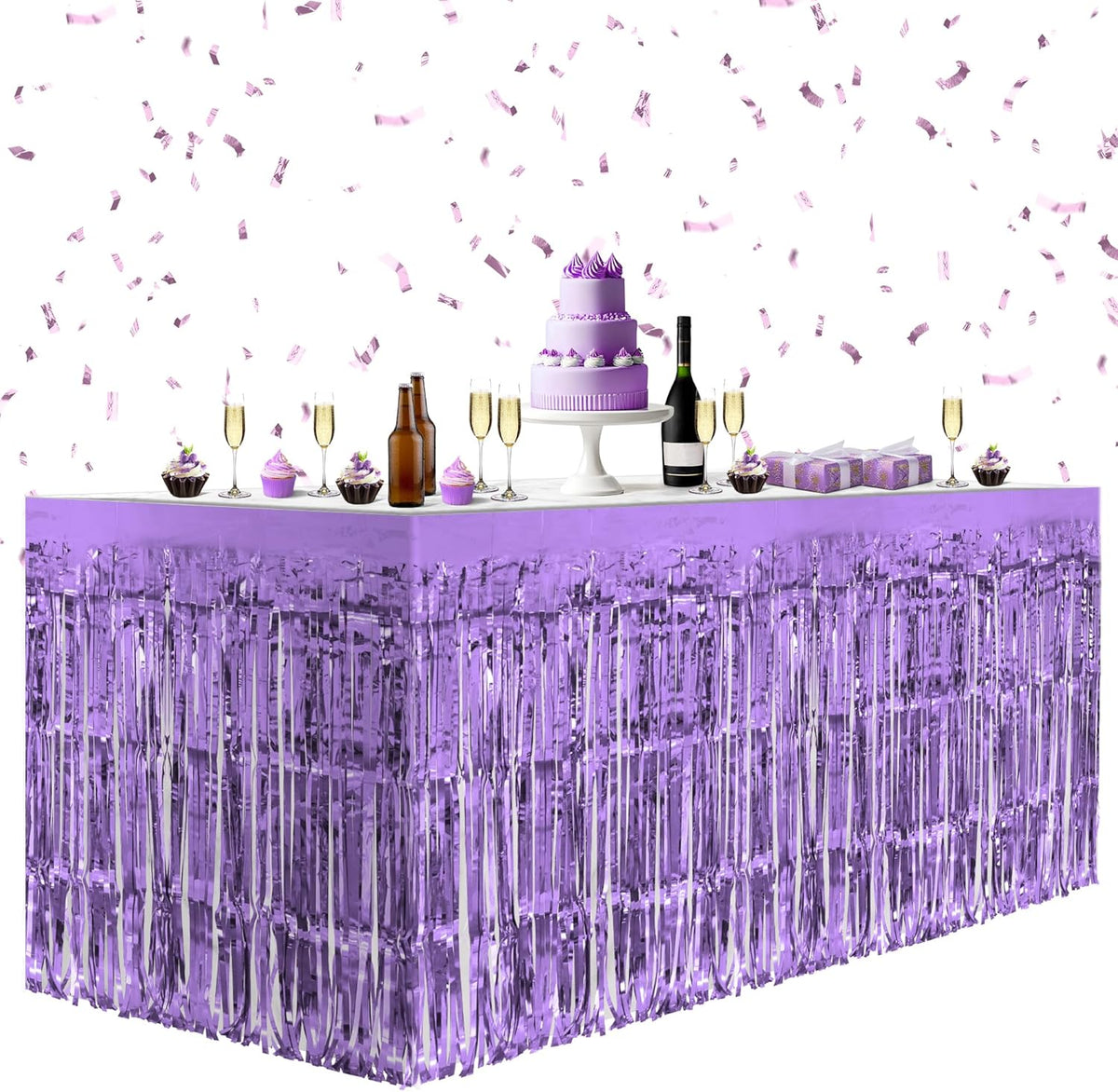 4 Pack Light Purple Table Skirts, 29x108" Metallic Foil Tinsel Fringe Table Skirts for Rectangle