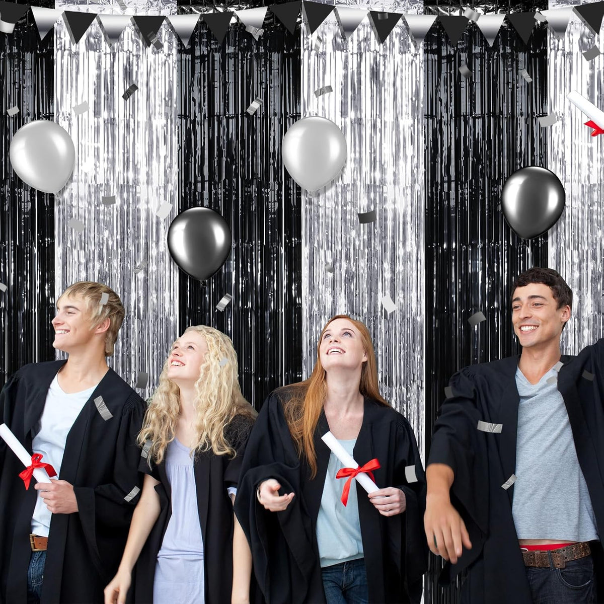 3 Pack 3.3Ft x 6.6Ft Graduation Foil Fringe Curtain Backdrop Decorations, Black Silver Metallic