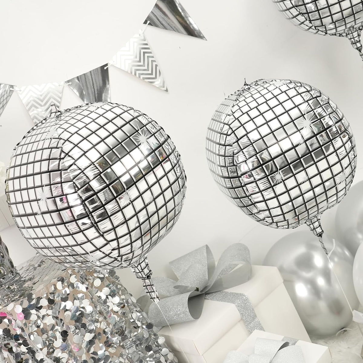 Disco Ball Balloons 4PC,Foil Disco Balloons 22 Inch 4D Round Metallic Silver Balloon for 70s 80s